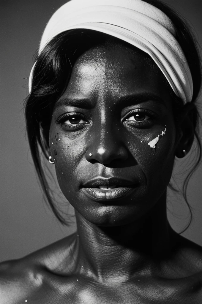 vintage black and white photo from 1979 of a 57-year-old woman, dark-skinned, splattered nose, muscular, with a mole on his left cheek, from under memories