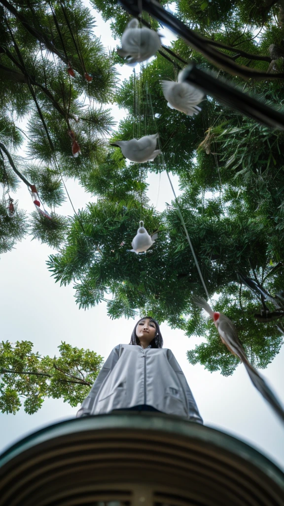 ((crane))、bird、Rainy Sky、1girl,from below