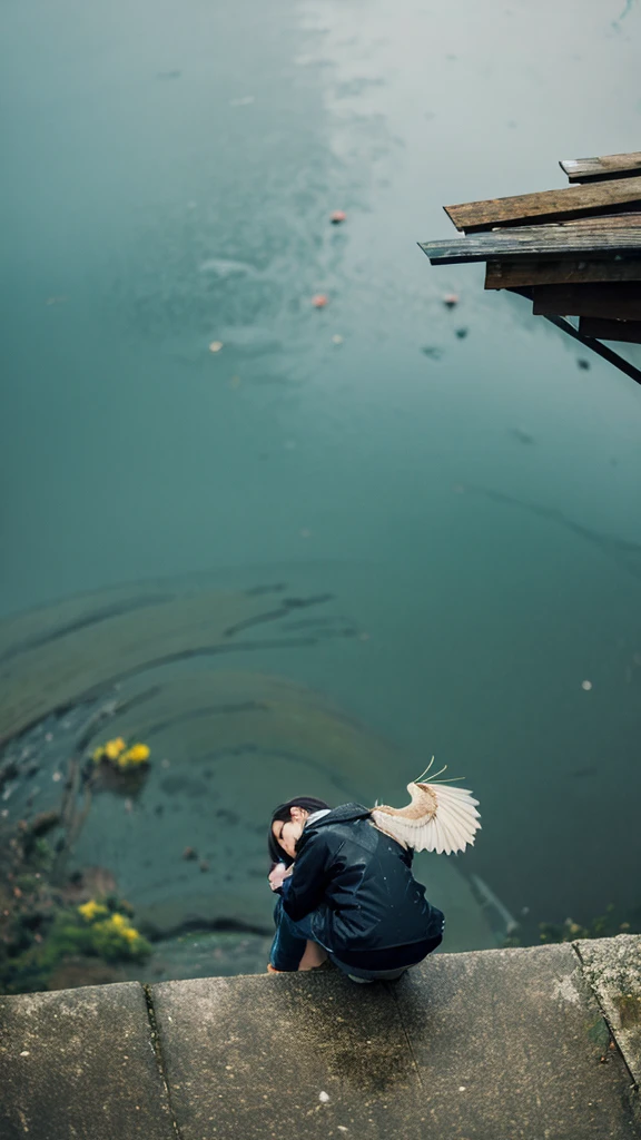 ((crane))、bird、Rainy Sky、1girl,from below