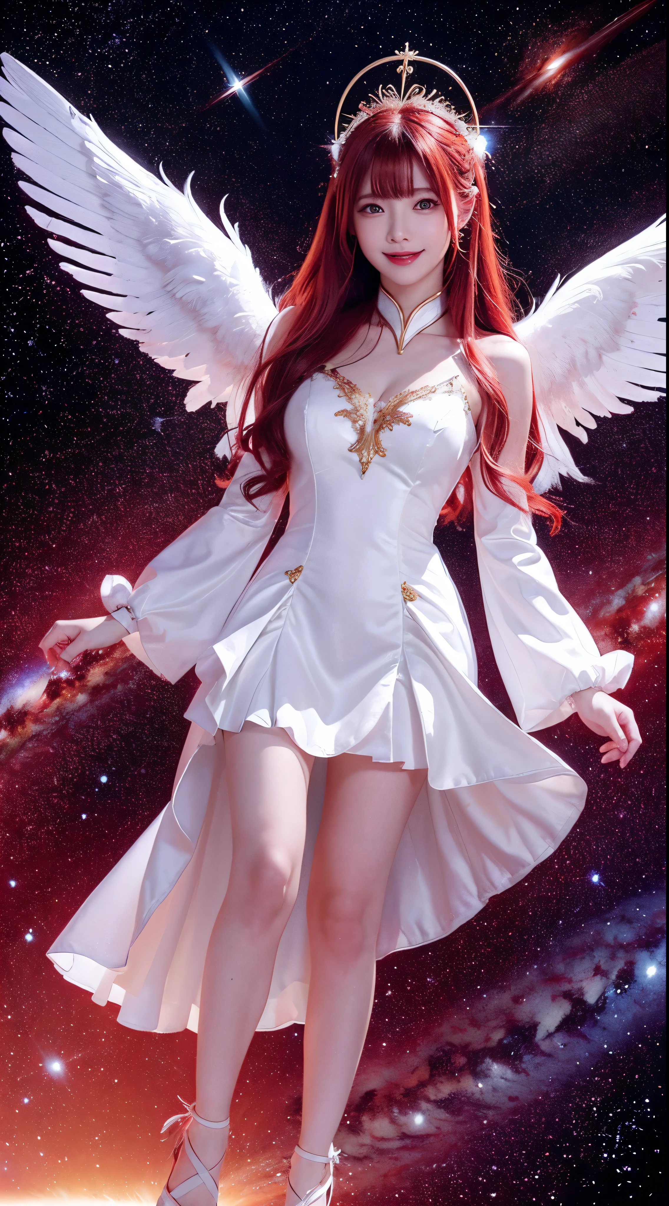 with high definition images，angel images，Beautiful red dresaroon hair、Smile、White angel wings、Golden halo、Red dress with white feathers、upright、universe space、Milky Way in the background、遠くのstar、Upper Body、star々The brilliance。Facial details