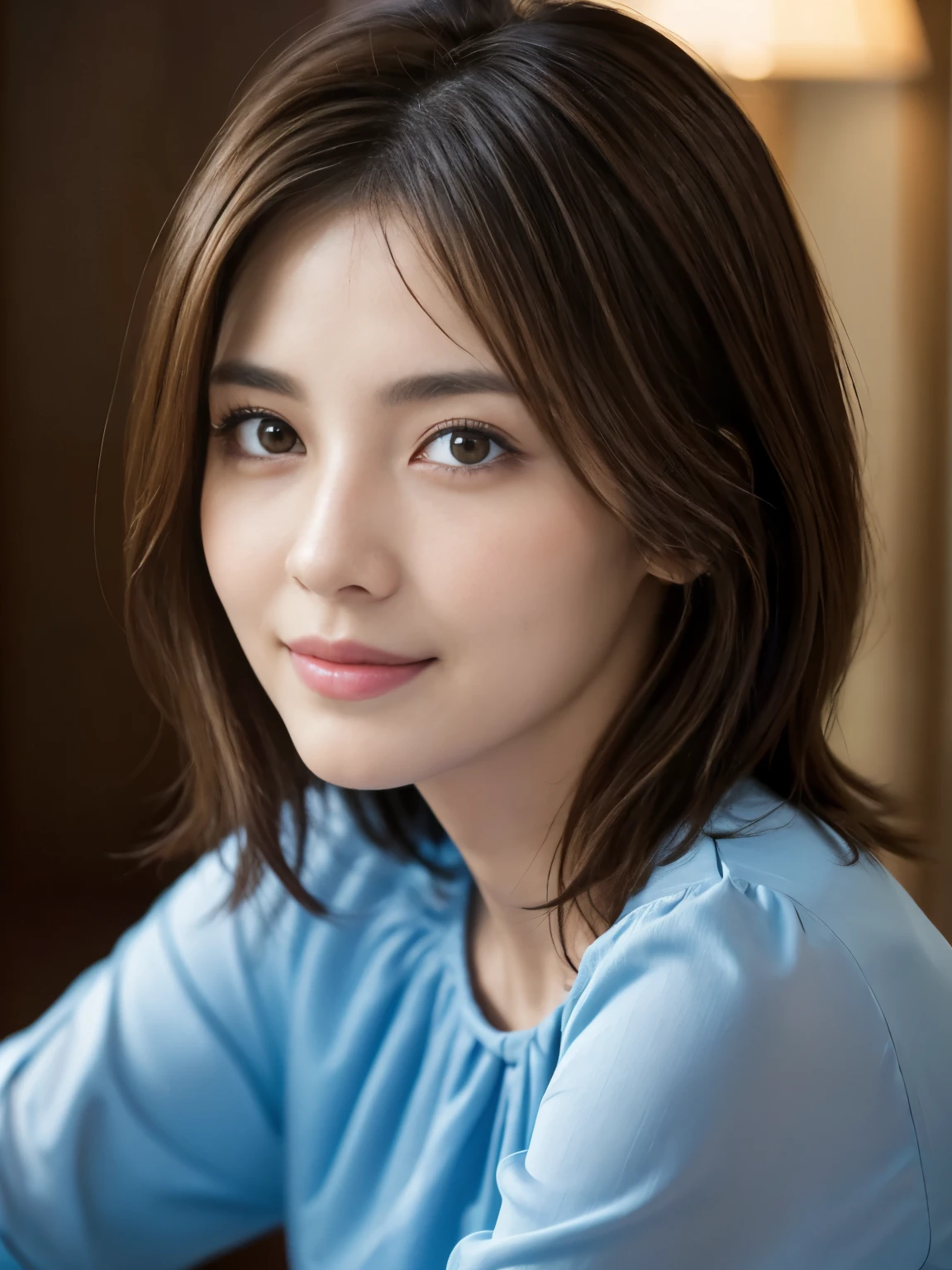 (Raw photo), (Photorealistic), (masterpiece), (Highest quality), High resolution, 8K resolution, (Intricate details), (Volumetric Light), Portrait, woman, 40 years, short hair, Straight Hair, Layered Hair, Brown haired, Highly detailed eyes, Source Order, Very fine eyebrows, Highly detailed skin, Highly detailed mouth, Highly detailed nose, Cute like an idol, Smile, ((Thick lips)), ((Look at the viewers)), (Elegant blue blouse), Bodies facing random directions,