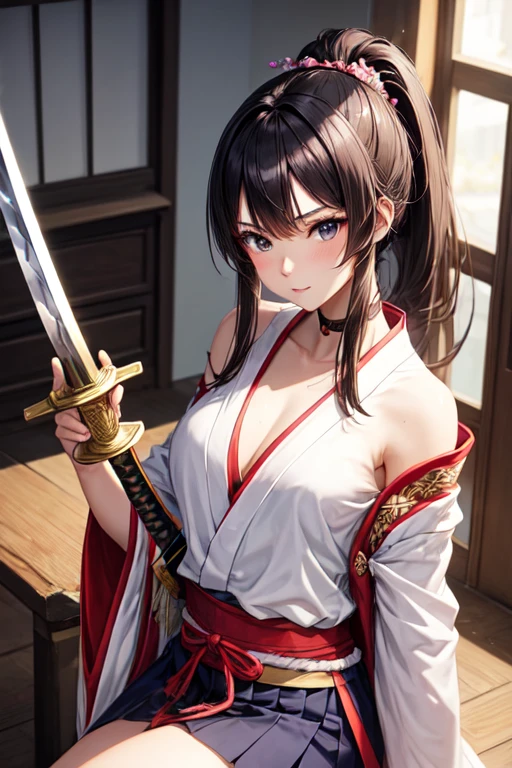 最high quality、best image quality、8K,4K,masterpiece、(NSFW:1.4)、Super detailed beautiful face、beautiful、超high quality、like a demon、cool、((smaller breasts:1.4、narrow cleavage, Blood in the chest:1.4), Full of wounds:1.1), Blood everywhere, (Blood on clothes:1.1), blood pool, (Covered with blood:1.3))、with a girl(((18-year-old、A bloodstained white cloth was wrapped around his chest....:1.5、Defeat a samurai zombie with a Japanese sword:1.5、White loincloth with blood on the waist:1.5、ponytail:1.5、dark brown hair:1.3、Torn Hakama:1.2、Equip a Japanese sword sheath on your waist:1.4、Disturbed armor:1.2、blood on the mouth:1.4、Putting out fangs:1.5、He holds a detailed Japanese sword in his right hand:1.5、In his left hand he holds a detailed Japanese sword....:1.5、Hold the Japanese sword vertically with your right hand....:1.5、Beautiful red eyes that shed blood:1.4、erotic:1.4、happiness、tattoo)))、high quality、visual art、With background((neon, night:1.3、temple background:1.3、Horde of samurai zombies:1.3))、cowboy shot