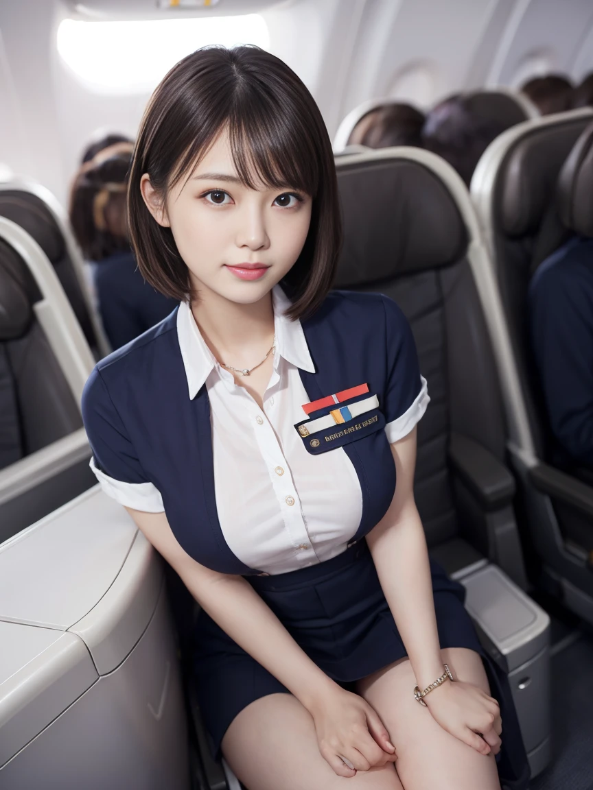 1 female, 40 years、very detailed顔、lip details、detailed eye、double eyelid、(black bob hair、Like an airplane stewardess々please do a good job)、(stewardess uniform:1.2)、(glamorous body)、(big breasts)、smile、thighs thighs thighs, Exactly, perfect image realism, With background: (airplane business class aisle:1.2), cowboy shot, detailed background, detailed costume, perfect lighting、hyper realism、(Photoreal:1.4)、8K maximum resolution, (masterpiece), very detailed, Professional