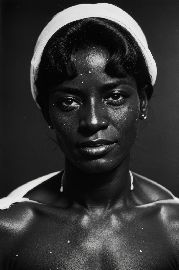 vintage black and white photo from 1979 of a 57-year-old woman, dark-skinned, splattered nose, muscular, with a mole on his left cheek, from under memories
