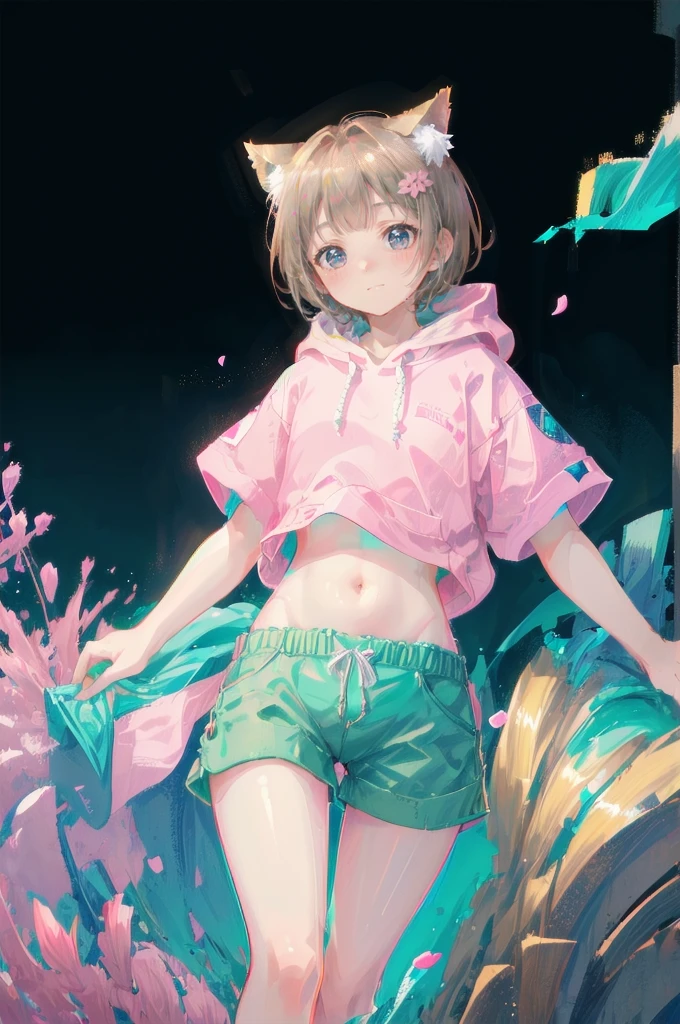 ((masterpiece)), ((Highest quality)), (anime:1.4), (Super detailed:1.2), (High resolution:1.3), (Professional photography:1.3), (Wide Shot), (Sharp focus), (Perfect light), ((12 years old)), One girl, profile, Cinema Lighting, Textured skin, (Cat ear), Light brown hair, 乱れたShortcutsヘア, Cute beautiful teenage girl, (Healthy slim body), (Pink short sleeve hoodie:1.3), Very good, (Exposed neck), Slender body, Small breasts, Mischievous Smile, blush, (Turquoise unfocused eyes), Beautiful clavicle, (A little exposed cute thighs), break, ((Highest quality)), (Super detailed), (Beautiful colorful flower field), Dancing Petals,Blonde、Shortcuts、Pink hoodie、Denim shorts、Black sneakers、Cat ear、Belly button、Show your belly
