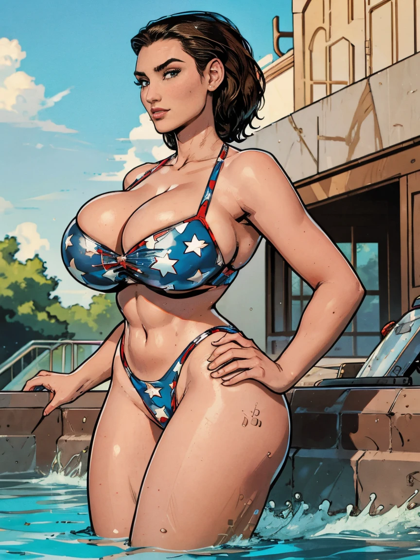 Gorgeous and sultry athletic (thin) brunette (smirking) with sharp facial features and a ((long), slicked-back hair) and (huge , long legs) wearing a star-spangled American flag print bikini, Americana, swimming pool.