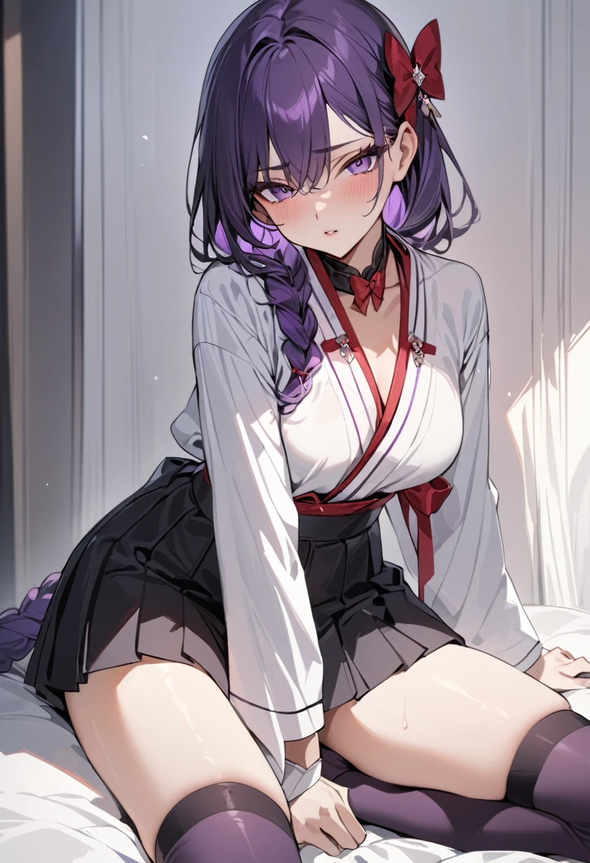 masterpiece, best quality, young woman, dark purple hair, very long single braid, bright purple eyes, white shirt with long sleeves reminiscent of a kimono, thin red bow under collar with diamond-shaped pin in front of the bow, black high-waisted pleated skirt, dark purple high socks, seductive pose