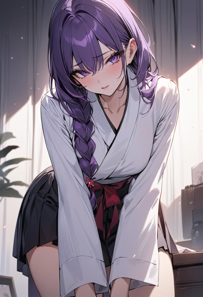 masterpiece, best quality, young woman, dark purple hair, very long single braid, bright purple eyes, white shirt with long sleeves reminiscent of a kimono, thin red bow under collar with diamond-shaped pin in front of the bow, black high-waisted pleated skirt, dark purple high socks, seductive pose