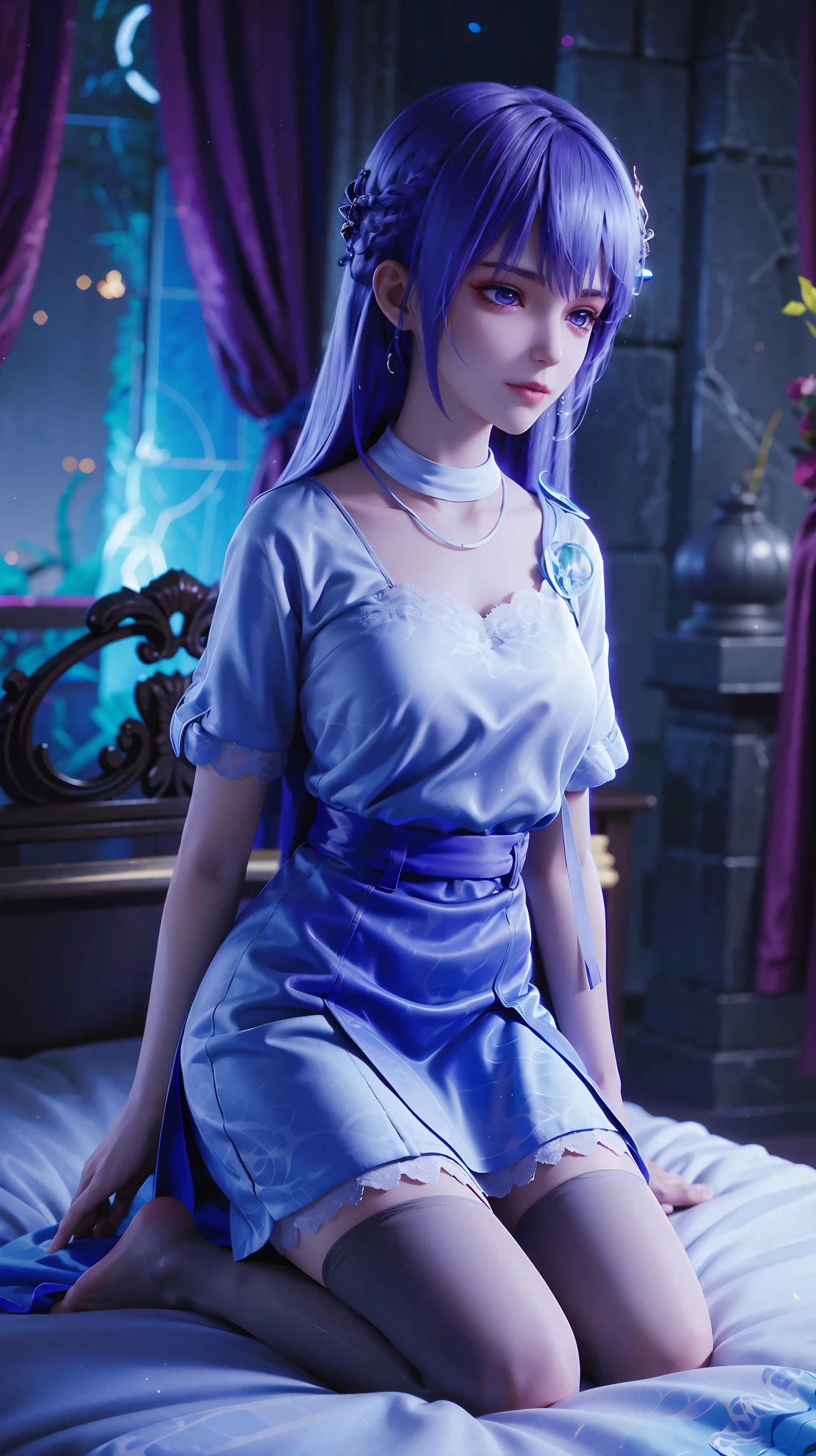 best quality,masterpiece,The Ultimate Solution,Fluffy,Extremely colorful,Mature beautiful woman,(Dress school uniform),Lace skirt,(Beautiful woman beheaded),Normal posture,(Kneeling),Kneeling on the bed,shackles,Beheading,collar,White stockings ,barefoot,Normal posture