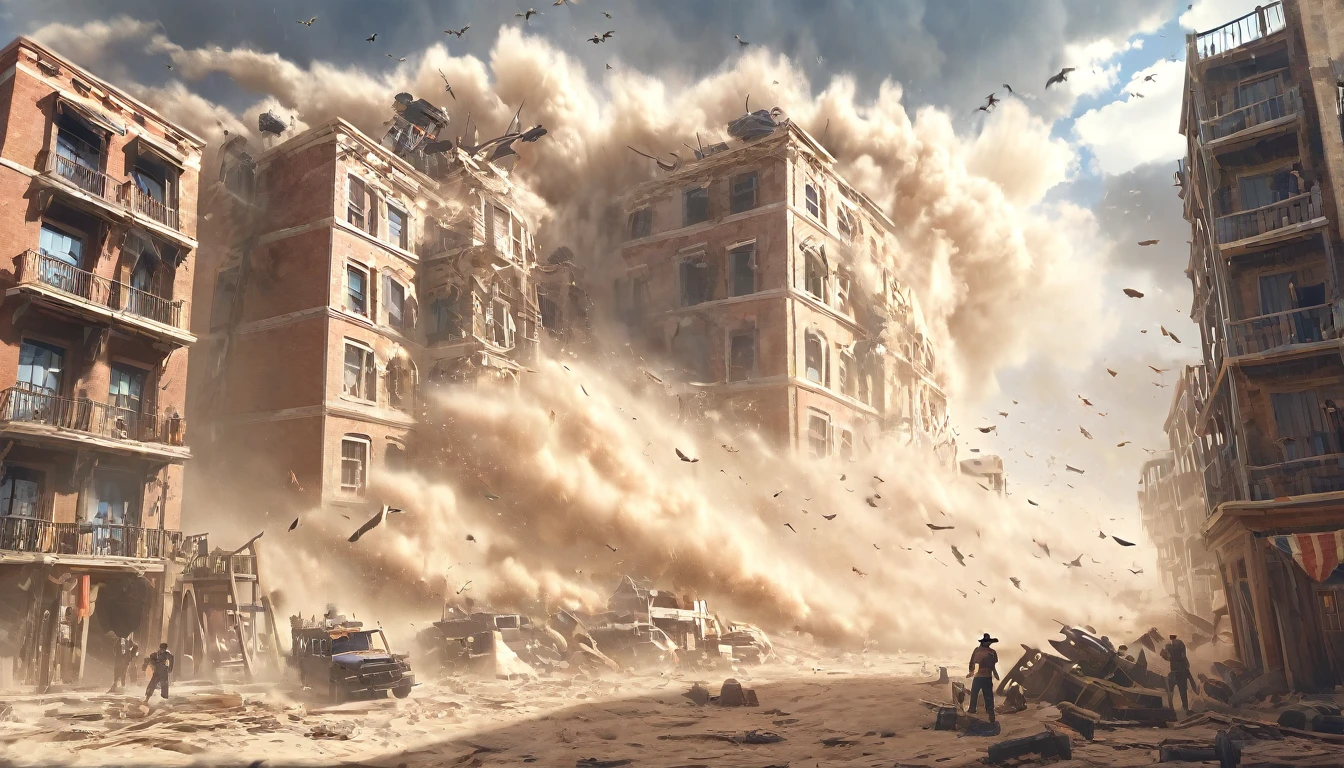 masterpiece, best quality, extremely detailed, hyperrealistic:1.1, photorealistic, pirates city, sandstorm, tornado:1.1, strong wind, destroyed building