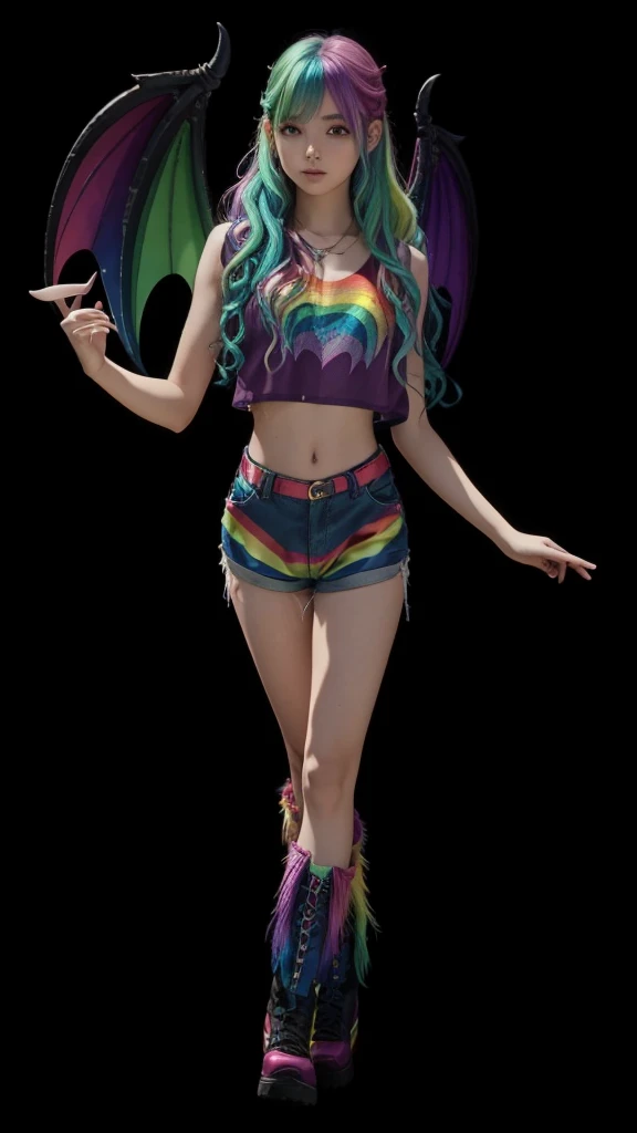 A beautiful girl in full body, with wavy rainbow colored hair, with rainbow dragon wings, com cropped cor arco-íris, with rainbow-colored shorts and furry rainbow-colored boots.