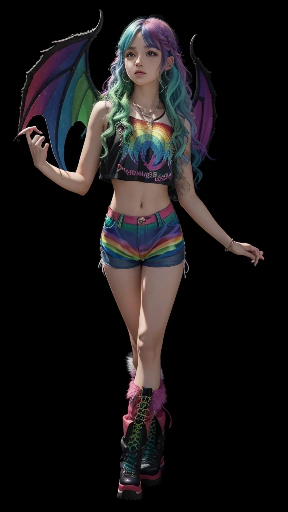 A beautiful girl in full body, with wavy rainbow colored hair, with rainbow dragon wings, com cropped cor arco-íris, with rainbow-colored shorts and furry rainbow-colored boots.