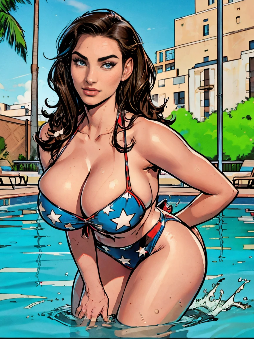 Gorgeous and sultry busty athletic (thin) brunette (smirking) with sharp facial features and a ((long), slicked-back hair) and (huge , long legs) wearing a star-spangled American flag print bikini, Americana, swimming pool.