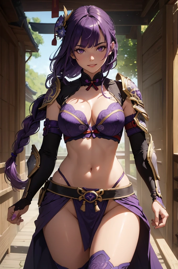 ((1girl, solo)), beautiful body, (perfect anatomy, perfect body, perfect hands, perfect legs), natural proportions, sexy body, large breasts, cowboy shot BREAK
((extremely detailed face)), (beautiful detailed eyes:1.6), (realistic pupils, realistic iris:1), expressive eyes, looking at viewer, (clear eyes:1.3), (hyperrealistic:1.2), (detailed skin texture:1.2), smooth skin, (raiden shogun), (purple hair:1.5), (purple eyes), long hair, very long hair, braid, ((braided ponytail)), bangs, parted bangs, hair ornament, hair flower, hair tie, ((mature female)), (grin:1.1), (detailed lips:1.3), (attractive lips:1.1), (glossy lips:1.1), (parted lips), perfect face, perfect eyes BREAK
(revealing clothes:1.5), (samurai armor), (japanese armor:1.5), cleavage, bra, (shoulder armor:1.4), (arm guard:1.5), stomach, navel, (groin:1.5), (highleg:1.5), (pelvic curtain:1.4), thighs, purple thighhighs, tassel, shimenawa bow BREAK
(masterpiece:1.5), anime-style, top quality, best quality, (beautiful and aesthetic:1.2), (ultra detail:1.5), ultra-detailed depiction, ultra-precise depiction, extremely detailed 8k illustration, high resolution, (highly detailed shading:1.2), (realistic lighting:1.4), perfect lighting, vibrant colors, dynamic tones, striking hues, 8k, absurd resolution, perfect shadows, hdr, UHD, ambient lighting, realistic, ultra-realistic, photo realistic, highly detailed, rich detail, luminous colors, fine texture, intricate design, professional illustration, (soft light:1.2), (illustration:0.7)