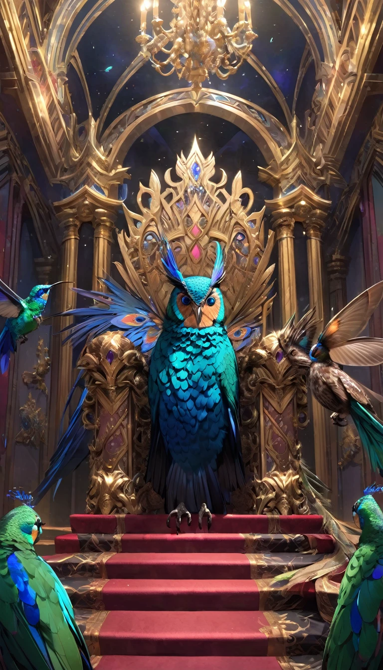 Opulent throne hall with courtiers in extravagant clothing. A colorful hummingbird buzzes around a dull-feathered peacock, while a wise owl watches from a dark corner."