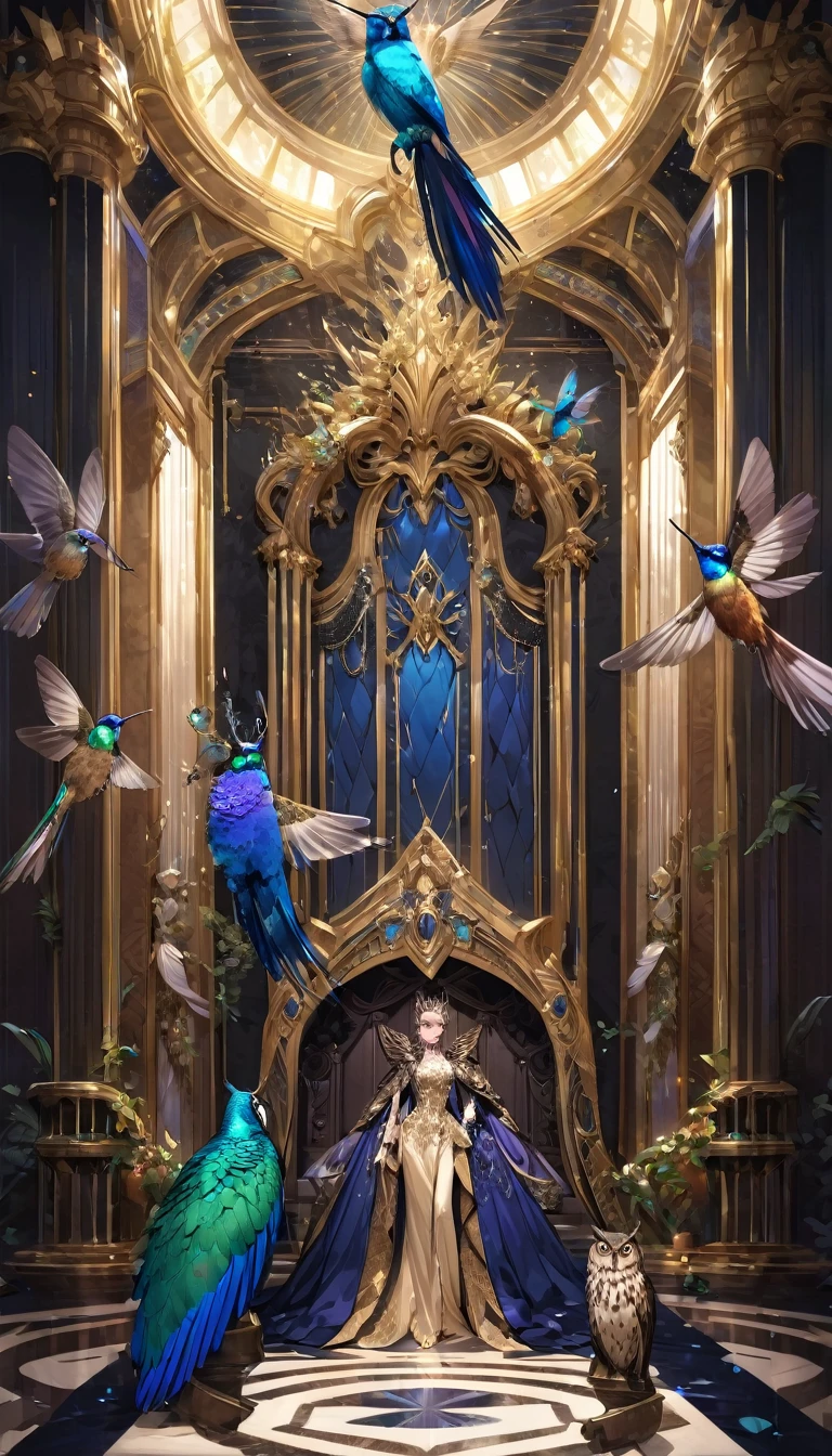 Opulent throne hall with courtiers in extravagant clothing. A colorful hummingbird buzzes around a dull-feathered peacock, while a wise owl watches from a dark corner."