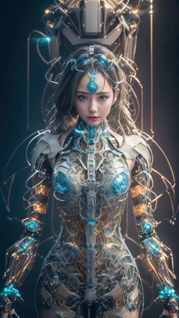 masterpiece, Highest quality, Very detailedな, Very detailed illustrations, Very detailed, Intricate details, High resolution, Very intricate details, Very detailed,8K, 35mm lens, Caustics, reflection, Ray Tracing, nebula, Dark halo, Network Effects, (One girl:1.4), alone, alone, mecha musume, Machinery Parts, Robot Joints, Single Mechanical Arm, headgear, Mechanical halo, Transparent Electric Mechanical Body Suit, Mecha Corset, kimono, Full Armor, Very long hair, Gray Hair, Hair between the eyes, Multicolored Hair, blue eyes, Glowing Eyes, Random representation, Random Action,Skyline,Underwater Photography,
