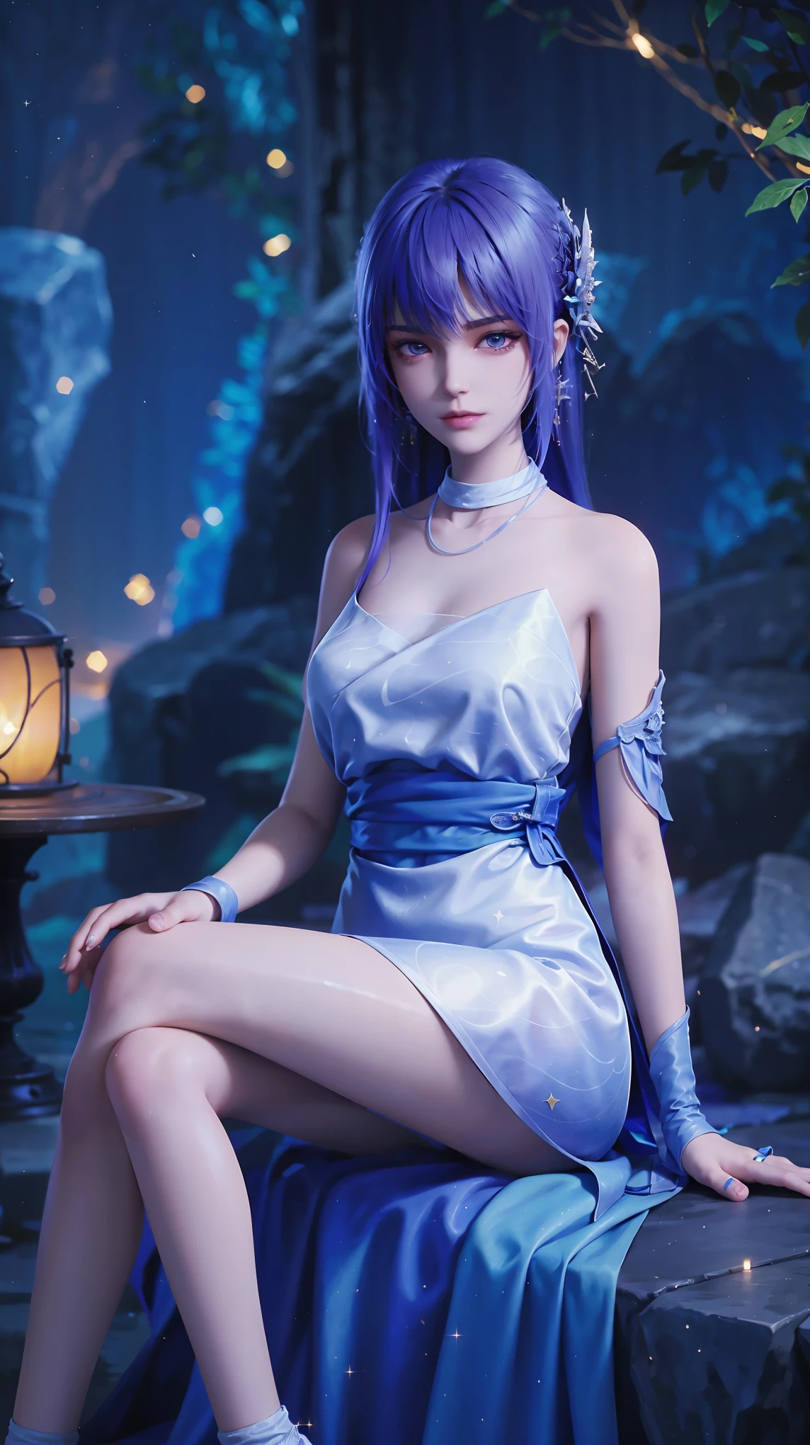 cheongsam,((whole body)), ((Sitting)), ((The hem is long, Sexy long legs)), ((Bare shoulders)),model, Young beautiful girl, Striking an elegant pose, Charming pose, Heat and cold, Beautiful and delicate eyes, Full breasts, slim body, Features, masterpiece, best quality, official art, Rich details, Clear face, Professional lighting, Physically based rendering, Necklace, Light makeup,Starry sky background,Sitting on the stars