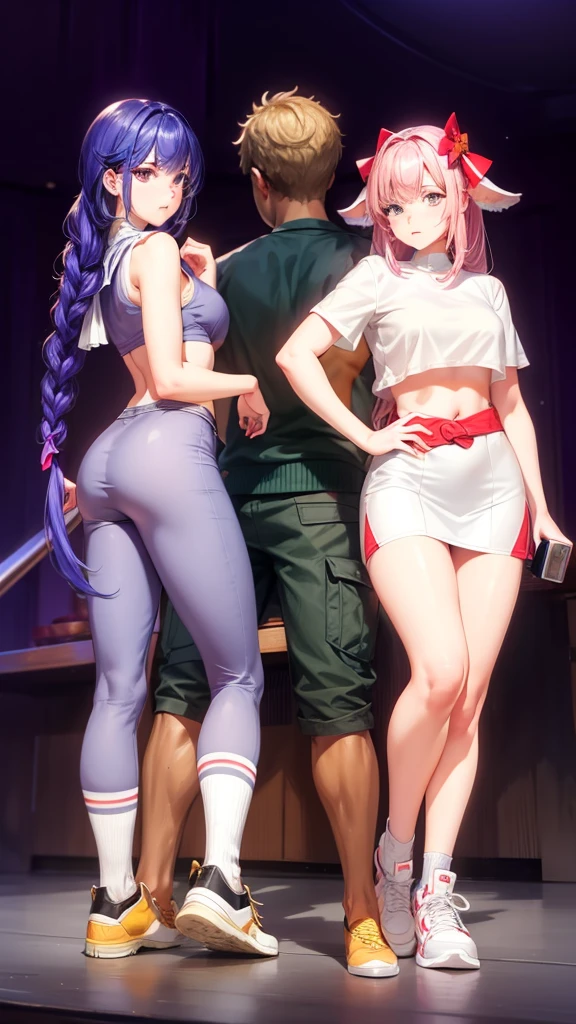 {{Man and woman couple}}、Stairs in the house、Sitting on the stairs、A girl wearing a white blouse and a tight skirt、The cold gaze of a man、man 、Place your hands around your waist