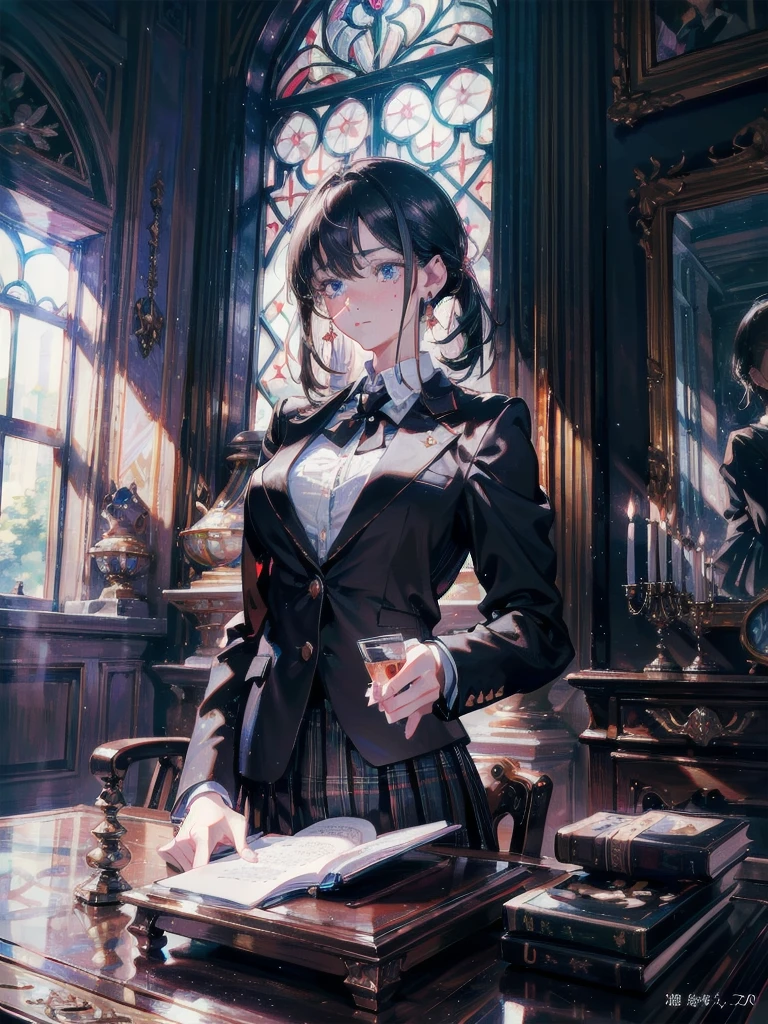 absurdres, RAW photo, extremely delicate and beautiful, masterpiece, Best Quality, ultra high resolution, 32k, hyperrealistic, ultra-detailed, in her 20s, delicate facial features, beautiful detailed girl, tearful mole, earring, medium breasts, full body shot, medium hair, black hair, school_uniform, blazer,