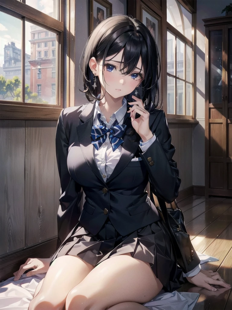 absurdres, RAW photo, extremely delicate and beautiful, masterpiece, Best Quality, ultra high resolution, 32k, hyperrealistic, ultra-detailed, delicate facial features, beautiful detailed woman, tearful mole, earring, medium breasts, (full body shot), medium hair, black hair, (school_uniform), blazer, skirt,