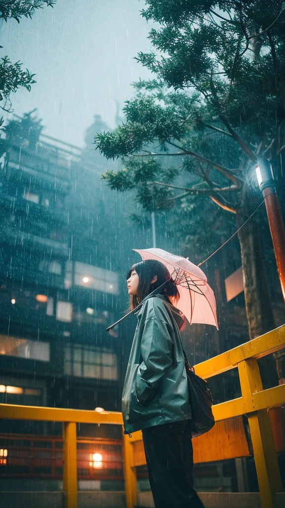 ((crane))、bird、Rainy Sky、1girl,from below