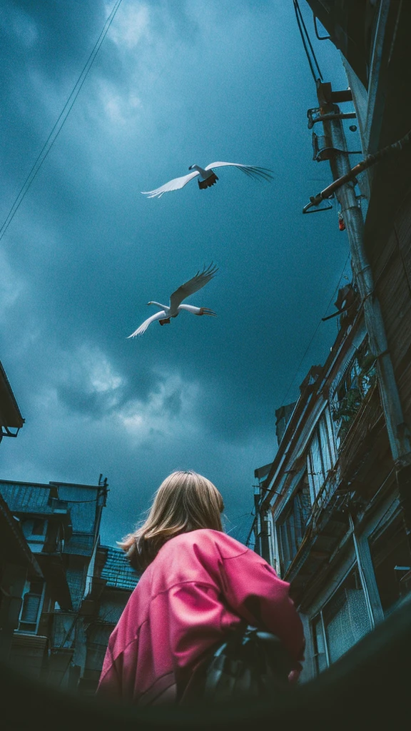 ((crane))、bird、Rainy Sky、1girl,from below