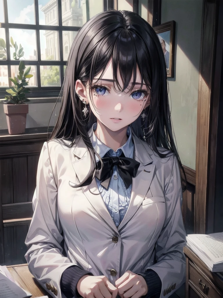 absurdres, RAW photo, extremely delicate and beautiful, masterpiece, Best Quality, ultra high resolution, 32k, hyperrealistic, ultra-detailed, in her 20s, delicate facial features, beautiful detailed girl, tearful mole, earring, medium breasts, full body shot, medium hair, black hair,  school_uniform, blazer,