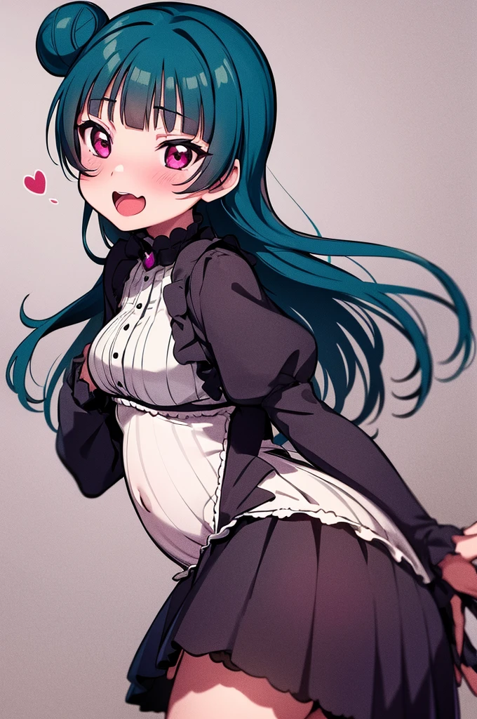 nsfw,,gothic lolita,tanlines,yoshiko tsushima, blue hair, hair bun, (purple eyes:1.1), single side bun, bangs, long hair,pregnant,large breasts,littele girl,tanlines,