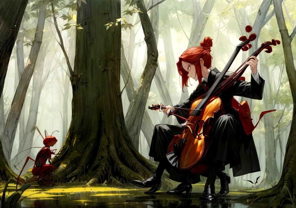 a red ant and a grasshopper carrying a violin, in the forest