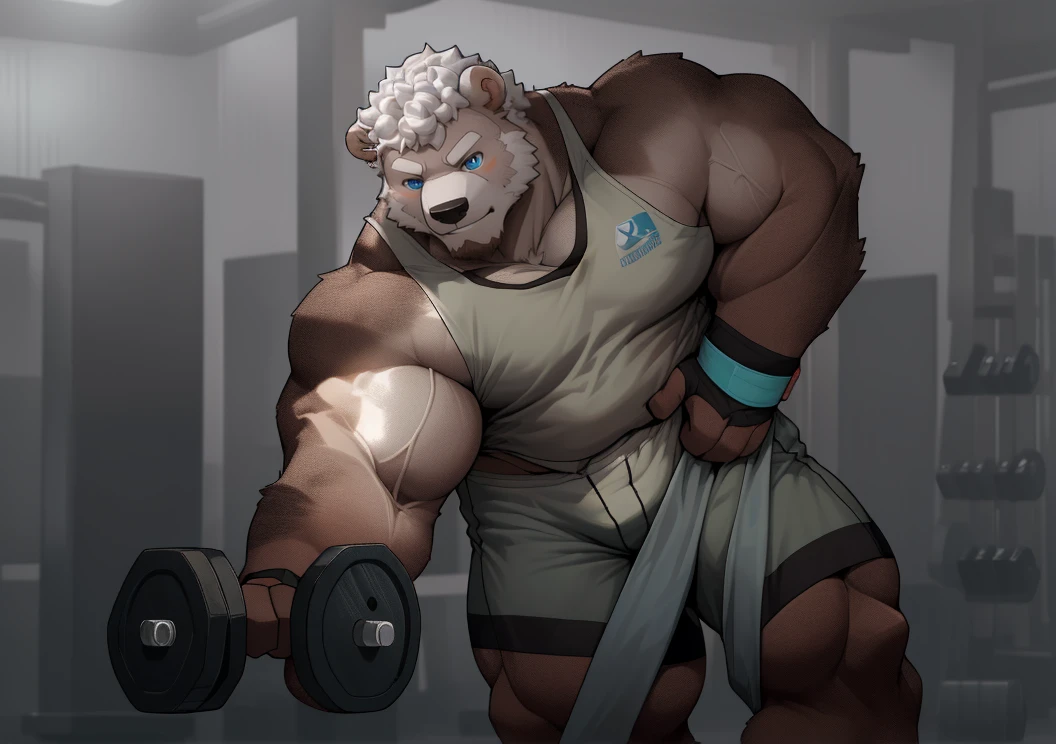 masterpiece, best quality, 8k resolution, Very detailed, hairy,(((polar bear)),((())),(((beard))),(((fat))),(((White hair all over body))),(((portrait))),(((White hair))),(((straining))),For the audience,(((gym tank top))),(((standing))),((wristbands)), ((Highest quality scene,(((whole body))),(((Blue Eyes))),(((Legs apart))),(((Fat-enclosed muscle))),(((Round face))),(((alone))),(((Strong body))),(((Hip bulge))),(((arms exposed))), ((working out)), ((concentration curls))