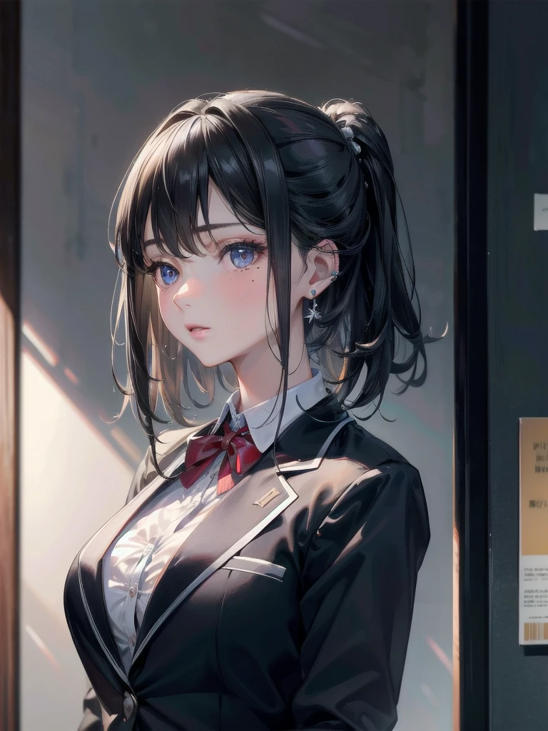 absurdres, RAW photo, extremely delicate and beautiful, masterpiece, Best Quality, ultra high resolution, 32k, hyperrealistic, ultra-detailed, in her 20s, delicate facial features, beautiful detailed girl, tearful mole, earring, medium breasts, full body shot, medium hair, black hair,  school_uniform, blazer,