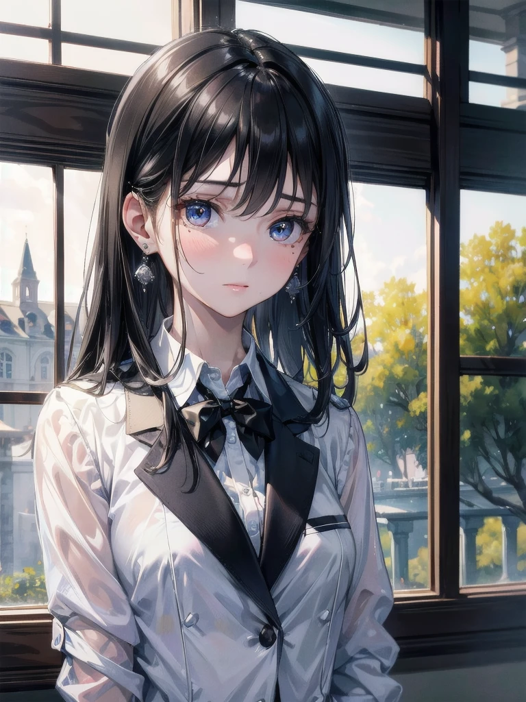 absurdres, RAW photo, extremely delicate and beautiful, masterpiece, Best Quality, ultra high resolution, 32k, hyperrealistic, ultra-detailed, in her 20s, delicate facial features, beautiful detailed girl, tearful mole, earring, medium breasts, full body shot, medium hair, black hair,  school_uniform, blazer,