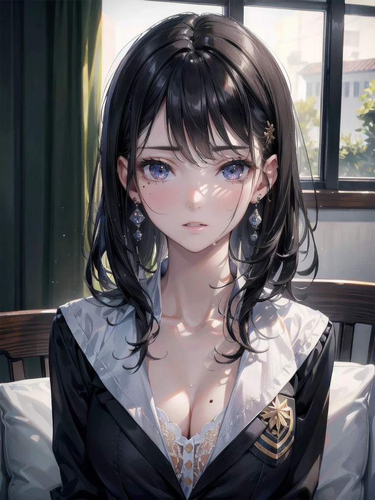 absurdres, RAW photo, extremely delicate and beautiful, masterpiece, Best Quality, ultra high resolution, 32k, hyperrealistic, ultra-detailed, in her 20s, delicate facial features, beautiful detailed girl, tearful mole, earring, medium breasts, full body shot, medium hair, black hair,  school_uniform, blazer,