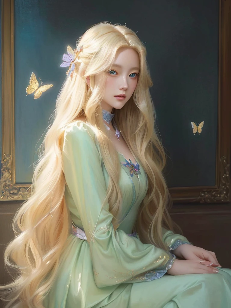 painting of a woman with long blonde hair and butterfly hair, beautiful character painting, in the art style of bowater, beautiful fantasy art portrait, blonde - haired princess, fantasy art style, artwork in the style of guweiz, beautiful fantasy art, exquisite digital illustration, elegant digital painting, by Yanjun Cheng, fantasy style art, beautiful fantasy maiden, fantasy victorian art