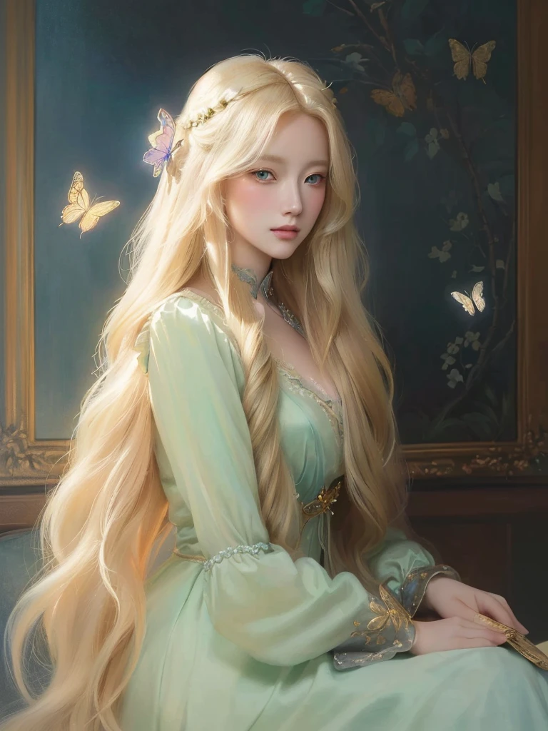 painting of a woman with long blonde hair and butterfly hair, beautiful character painting, in the art style of bowater, beautiful fantasy art portrait, blonde - haired princess, fantasy art style, artwork in the style of guweiz, beautiful fantasy art, exquisite digital illustration, elegant digital painting, by Yanjun Cheng, fantasy style art, beautiful fantasy maiden, fantasy victorian art