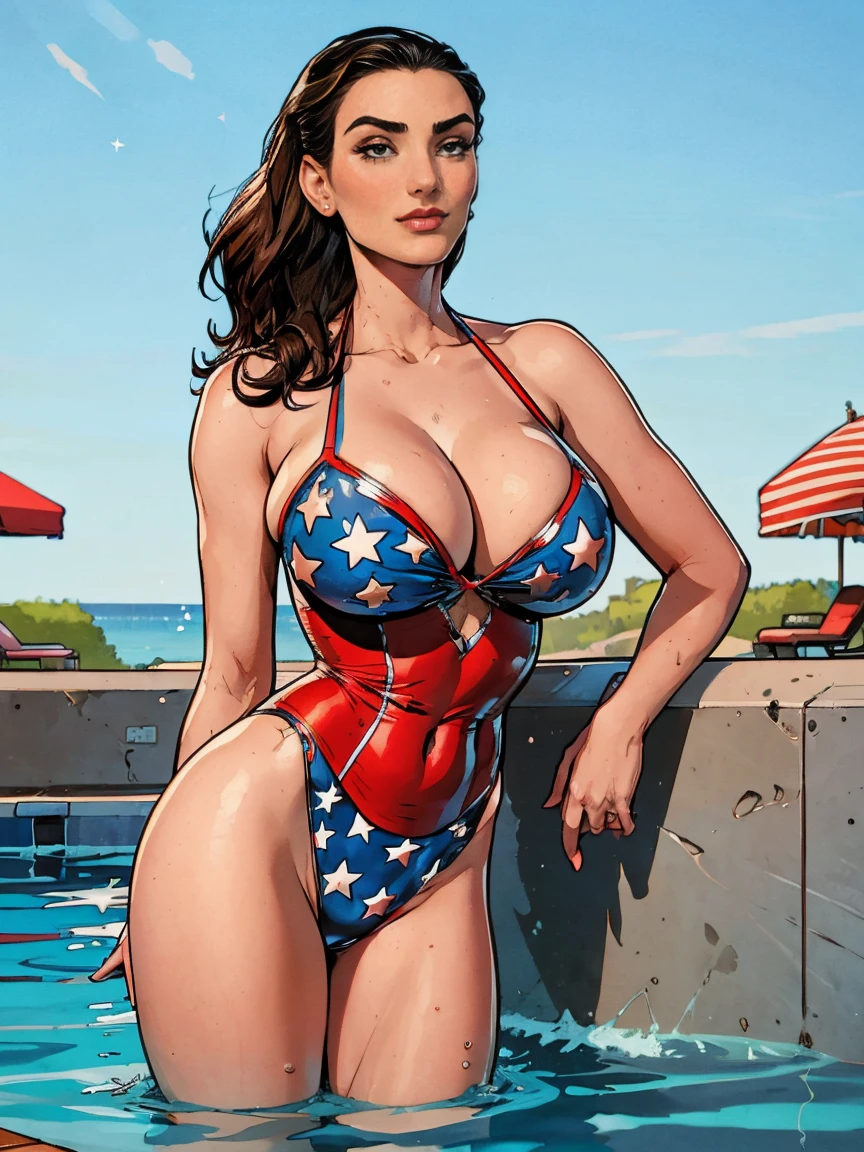 Gorgeous and sultry busty athletic (thin) brunette (smirking) with sharp facial features and a ((long), slicked-back hair) and (huge , long legs) wearing a star-spangled American flag print bikini, Americana, swimming pool.