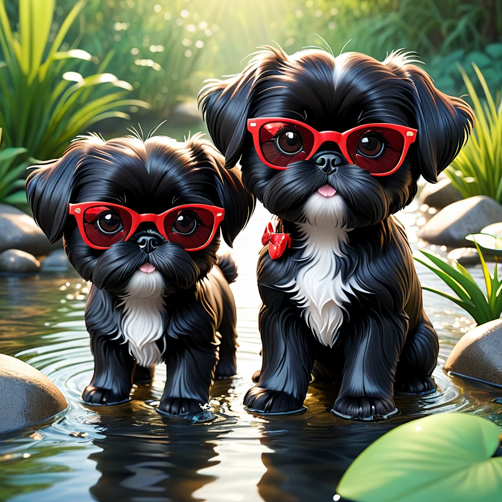 2 Adorable small black Shih Tzu puppies red sunglasses fishing in creek 3d cartoon 3d render disney pixar style