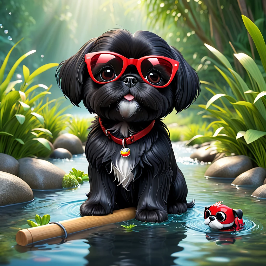 2 Adorable small black Shih Tzu puppies red sunglasses fishing in creek 3d cartoon 3d render disney pixar style