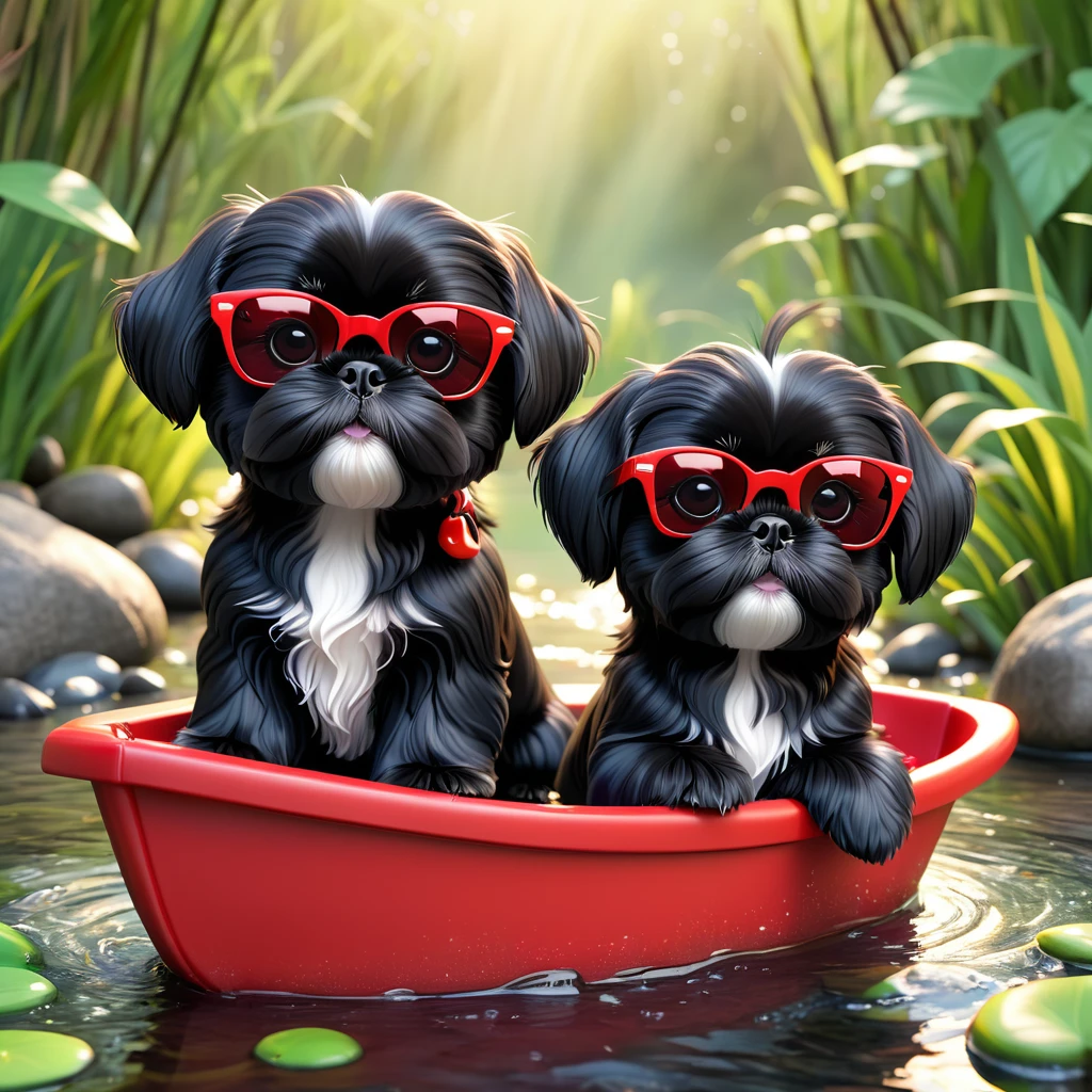 2 Adorable small black Shih Tzu puppies red sunglasses fishing in creek 3d cartoon 3d render disney pixar style