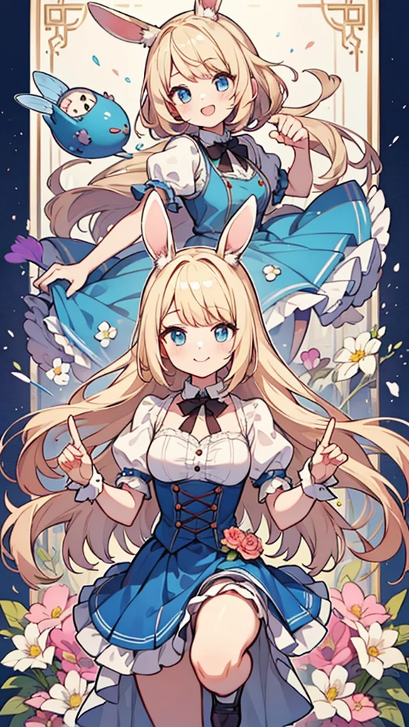 Masterpiece、Highest quality、Very detailed、anime、Alice in Wonderland、alice in victorian costume、dresini skirt、One girl、Bunny ears、running、Blonde、blue eyes、smile、beautiful詳細、elegant、cute、beautiful、Fantasy、clear、beautiful詳細、Colorful flowers in the background、full bloom、Perfect hands、Perfect Fingers、Perfect Anatomy、