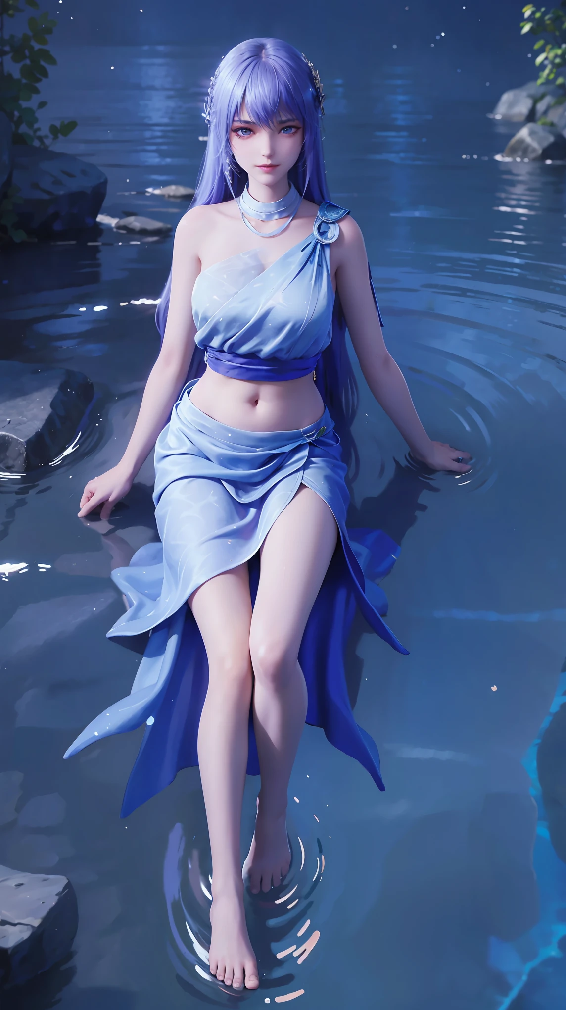 一个穿着连衣裙的女孩躺在Starry Sky下的床上,Exquisite smile,Beautiful and delicate eyes,Beautiful and delicate lips,Extremely detailed face and eyes,Long eyelashes,Full body,Flowing hair,belly button,best quality,excellent work,Super,(Reality:1.4),RAW photos,(Beautiful face:1.2),(Lying on the water:1.5),1 girl,(absurd),(8K), (4K),Octane Rendering,Starry Sky,((Full body view)),barefoot,Cross-legged