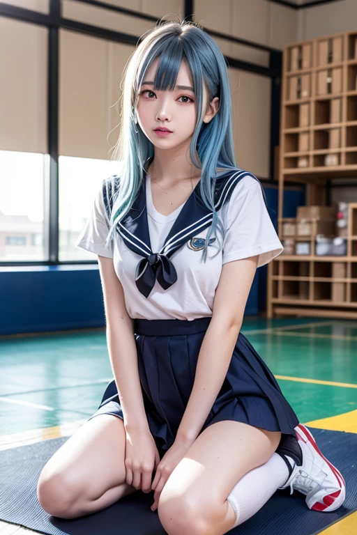 15-year-old female, Gal Makeup、Bust is 72cm, Anime-style light blue hair, Waist-length hair, The eyes are large、Raped and crying、The penis is inserted into the vagina, On the mat in the gymnasium warehouse, Sleeping on your back, She is wearing a torn anime-style sailor uniform., The skirt is flipped up、Realistic shaved pussy、A man's cum-covered face、Full body image、Her clothes were rolled up、I can see her 、Giving a blowjob、High resolution