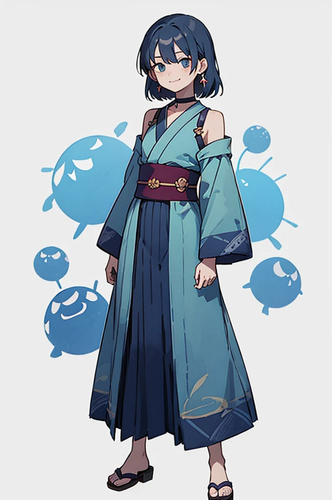 Blue and green yukata、Red and blue hair、Mischievous face、Choker on neck、Big earrings、Arms crossed、Only the mouth is smiling、Straw sandals、Choker on right leg、Shoulders are out(whole body、Are standing、、White background)