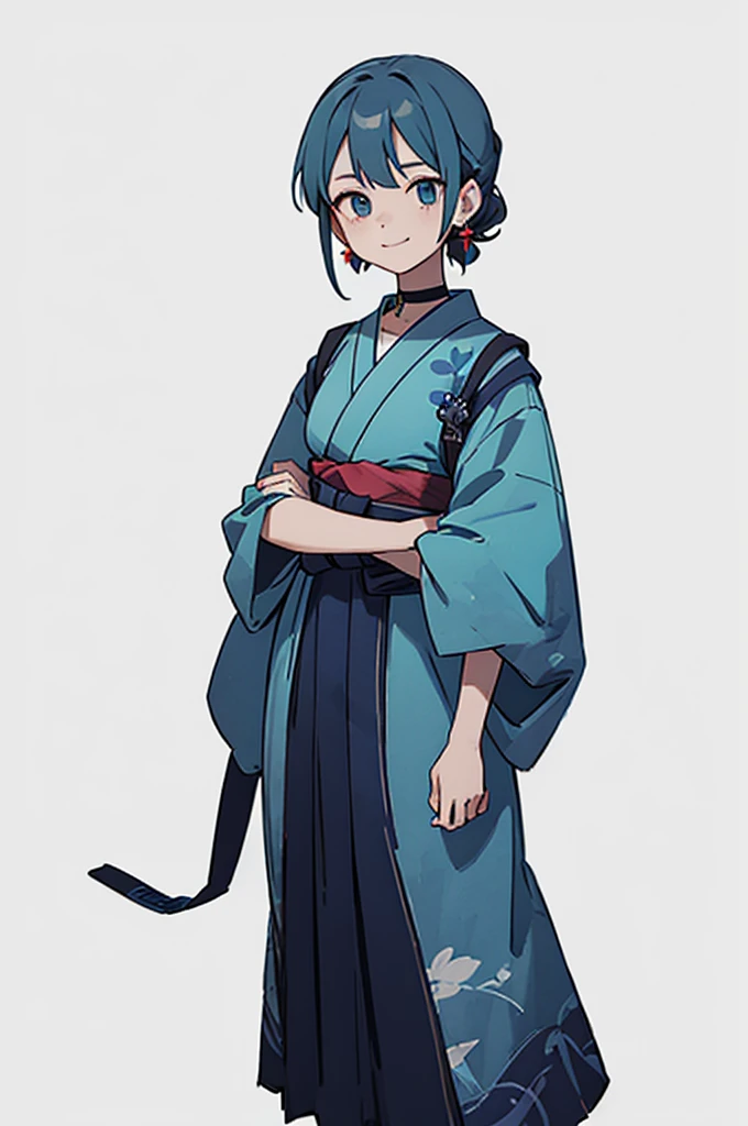 Blue and green yukata、Red and blue hair、Mischievous face、Choker on neck、Big earrings、Arms crossed、Only the mouth is smiling、Straw sandals、Choker on right leg、Shoulders are out(whole body、Are standing、、White background)