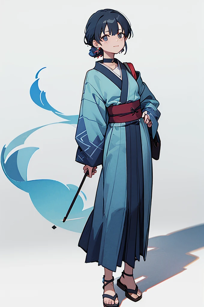 Blue and green yukata、Red and blue hair、Mischievous face、Choker on neck、Big earrings、Arms crossed、Only the mouth is smiling、Straw sandals、Choker on right leg、Shoulders are out(whole body、Are standing、、White background)