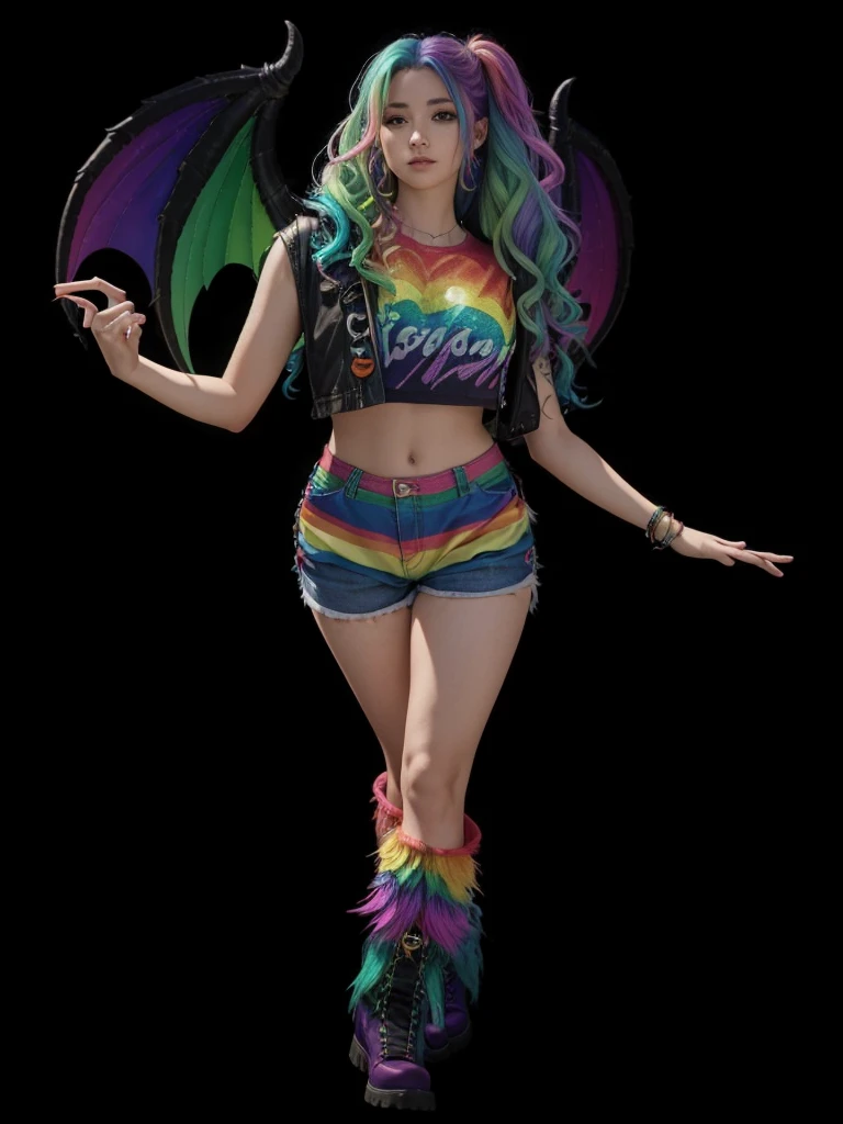 A beautiful girl in full body, with wavy rainbow colored hair, with rainbow dragon wings, com cropped cor arco-íris, with rainbow-colored shorts and furry rainbow-colored boots.