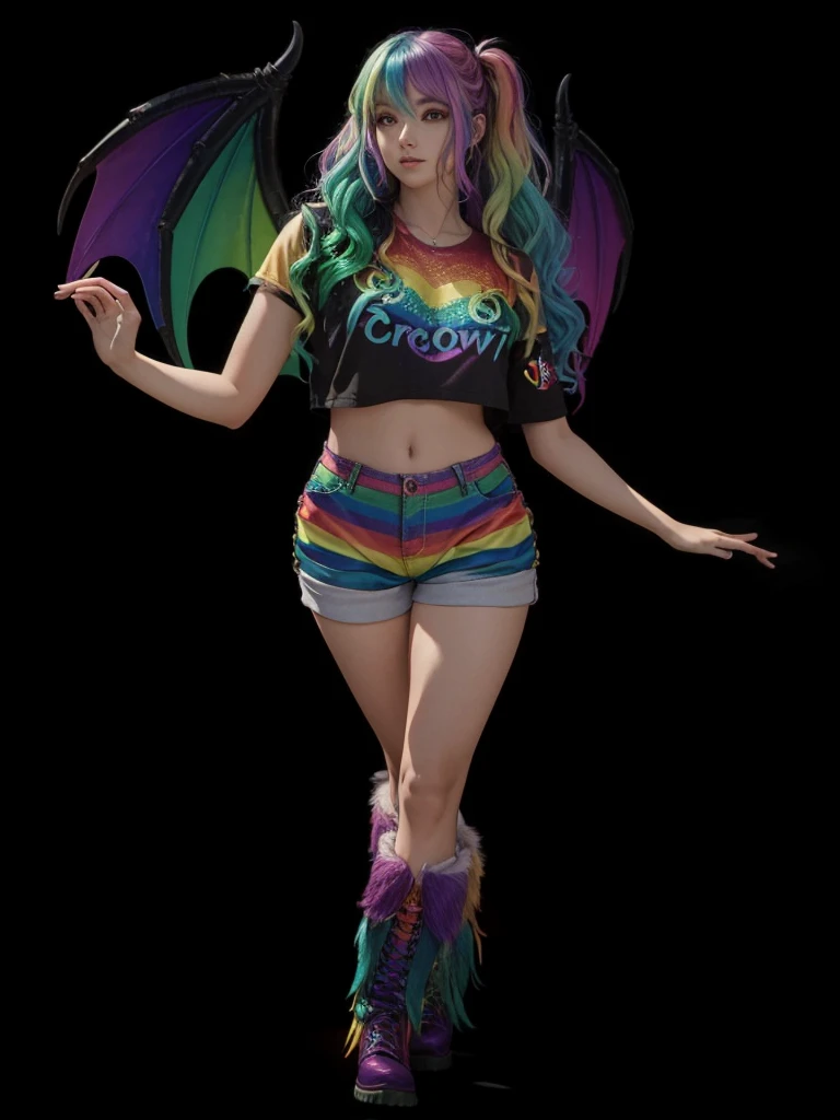 A beautiful girl in full body, with wavy rainbow colored hair, with rainbow dragon wings, com cropped cor arco-íris, with rainbow-colored shorts and furry rainbow-colored boots.