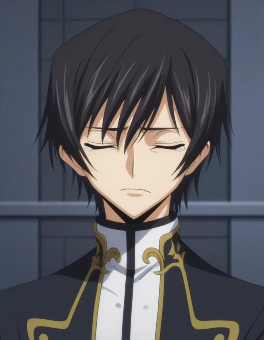 score_9, score_8_up, score_7_up, source_anime, rating_safe, intricate details, anime screencap, , , looking at viewer, depth of field, 1boy, solo, male focus, lelouch_lamperouge, black hair, purple eyes, bangs, sad, crying, closed eyes, cute, sit down, black suit costume, castle, room, night,