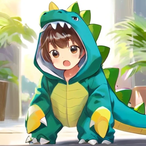 anime,dino,konglong,a 20 year old boy wear dinosaur costume,cute,solo,sunlight,style of yoneyama mai,